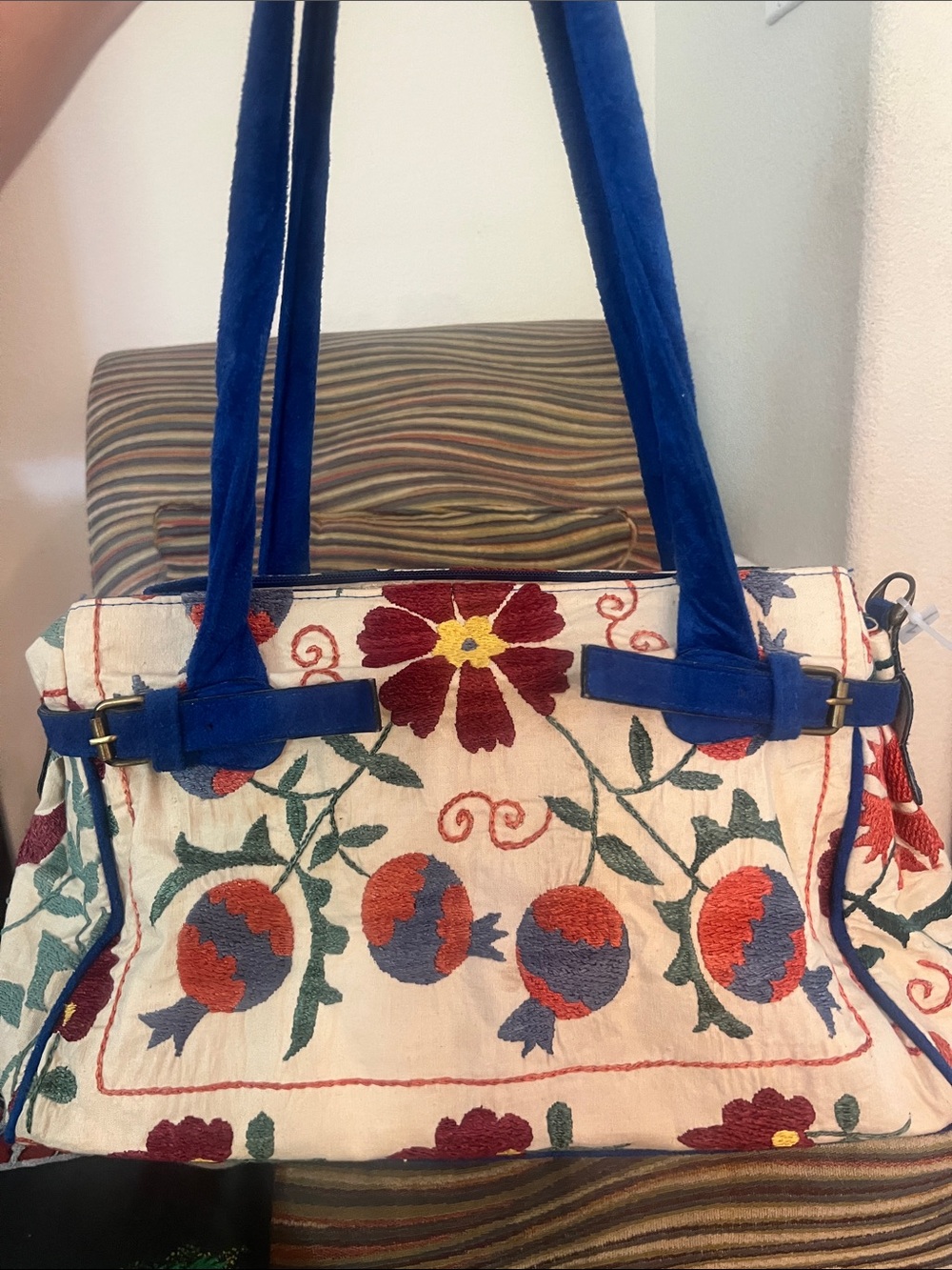 Vintage Embroidered Floral Canvas Shoulder Bag in Blue and Cream